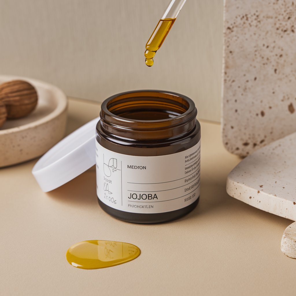 A cosmetic jar with jojoba oil. Dropped droplet of oil on the counter. Beige wall in background