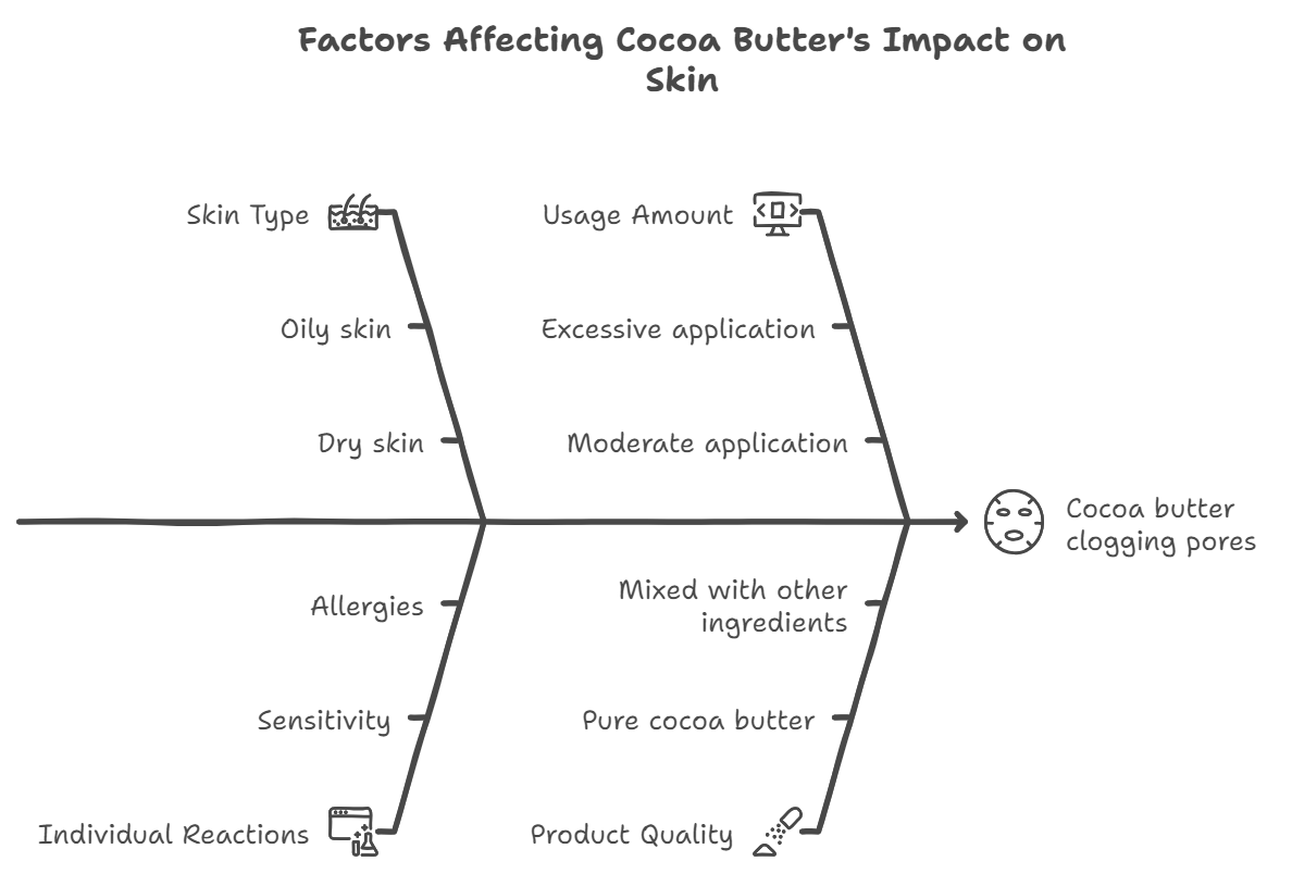 A diagram titled Factors Affecting Cocoa Butter's Impact on Skin, depicting four branches leading to the outcome of Cocoa butter clogging pores.