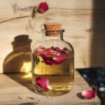 A photo of a clear, golden liquid with a few rose petals floating in it. The liquid is placed in a jar with a cork stopper. The background is awooden surface with some marks.