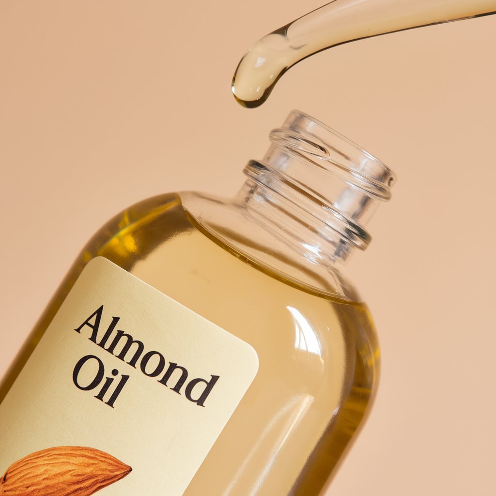 A photo of a bottle of almond oil. The bottle is clear and has a label with the text "Almond Oil". The oil is a pale yellow color. There is adroplet of oil on the rim of the bottle. The background is a beige color.