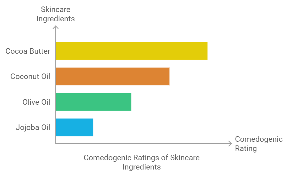 visual of the comedogenic rating system, highlighting cocoa butter at a rating of 4, and comparing it with other common skincare ingredients