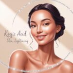 A bright and modern illustration of a beautiful, vibrant woman with glowing, even-toned skin, showcasing the benefits of Kojic acid on skin lightening