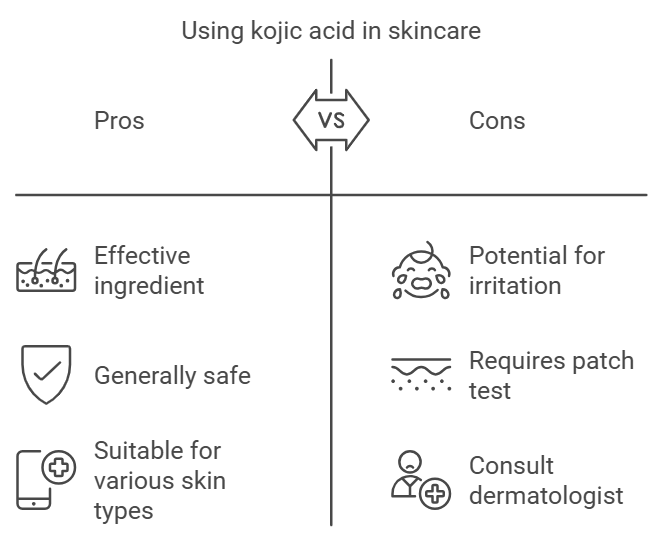 infographic showing safety considerations when using kojic acid in skincare