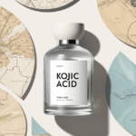 Glass bottle labeled 'Kojic Acid' surrounded by artistic vintage map designs in beige and blue tones, providing a clean and elegant aesthetic