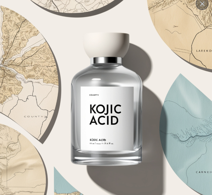 Glass bottle labeled 'Kojic Acid' surrounded by artistic vintage map designs in beige and blue tones, providing a clean and elegant aesthetic