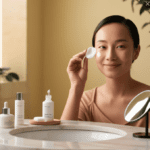 a light skinned woman applying kojic acid on the face