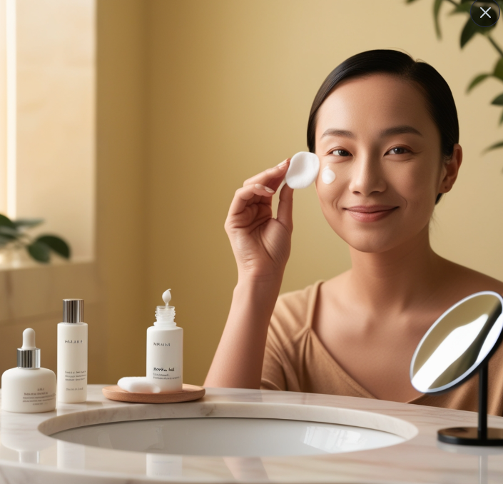 a light skinned woman applying kojic acid on the face