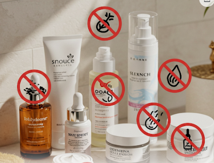 A flat lay of various skincare products on a bathroom counter, with red warning symbols over some of the bottle