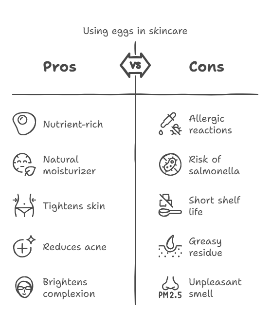 A side-by-side comparison of the benefits and risks of using eggs (both whites and yolks) in skincare.