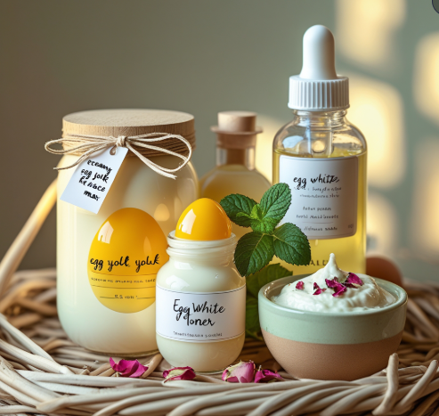 a variety of skincare products containing eggs