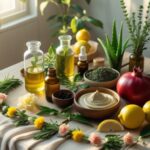 an array of natural ingredients like fresh herbs (rosemary, lavender, chamomile), botanicals (aloe vera leaves, green tea), and fruits (lemons, pomegranates, blueberries) artfully arranged on a wooden table