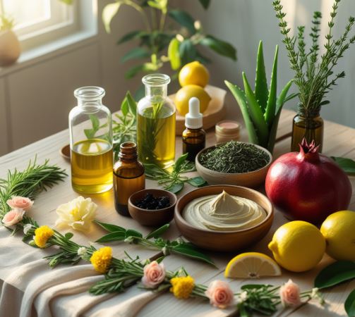an array of natural ingredients like fresh herbs (rosemary, lavender, chamomile), botanicals (aloe vera leaves, green tea), and fruits (lemons, pomegranates, blueberries) artfully arranged on a wooden table