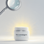 a clean, modern graphic showing a magnifying glass hovering over a skincare product container