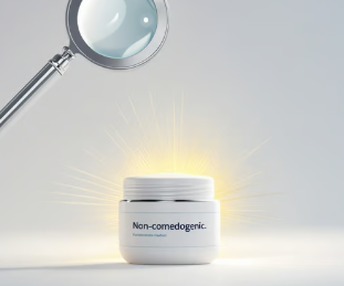a clean, modern graphic showing a magnifying glass hovering over a skincare product container
