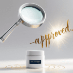 Pore clogger checker app interface with magnifying glass analyzing skincare label