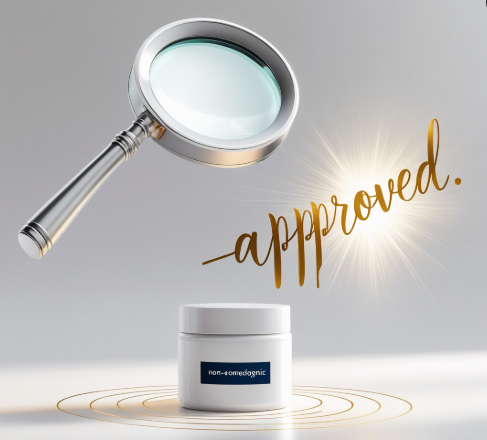 Pore clogger checker app interface with magnifying glass analyzing skincare label