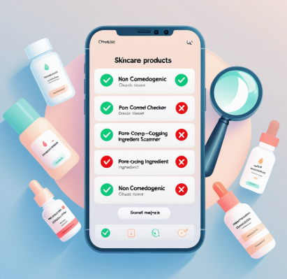 Smartphone displaying a non comedogenic checker app analyzing skincare products, surrounded by icons of moisturizers, serums, and sunscreen for a clean, modern look