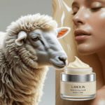 Split image of a sheep with clean wool and a jar of lanolin cream beside smooth, moisturized skin