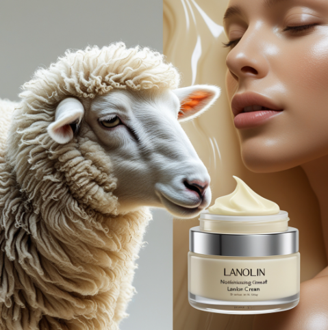 Split image of a sheep with clean wool and a jar of lanolin cream beside smooth, moisturized skin