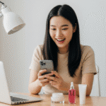 A cheerful young woman sitting at a modern desk, looking excitedly at her smartphone, with skincare products and a laptop beside her