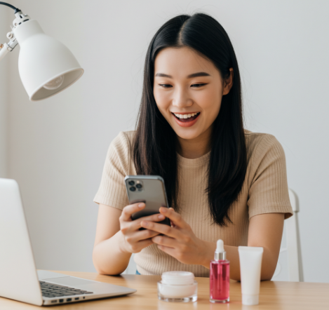 A cheerful young woman sitting at a modern desk, looking excitedly at her smartphone, with skincare products and a laptop beside her