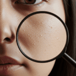 A close-up of a person's face with a magnifying glass over their cheek, highlighting enlarged pores