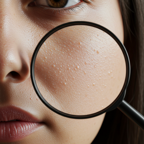 A close-up of a person's face with a magnifying glass over their cheek, highlighting enlarged pores