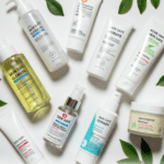 A flat lay of various skincare products on a white background with green leaves