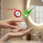 A hand holds a skincare product in a bathroom. Text bubbles highlight "Coconut Oil" in red and "Aloe Vera" in green, suggesting one ingredient is risky and the other is safe.