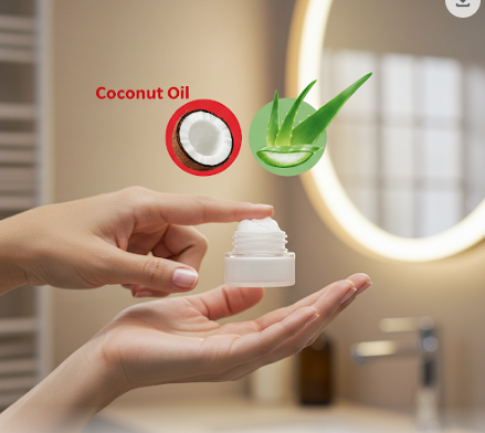 A hand holds a skincare product in a bathroom. Text bubbles highlight "Coconut Oil" in red and "Aloe Vera" in green, suggesting one ingredient is risky and the other is safe.