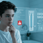 A teenage boy with acne-prone skin looks concerned as an AI hologram analyzes his skincare products, displaying a red Clogs Pores alert in a modern bathroom setting