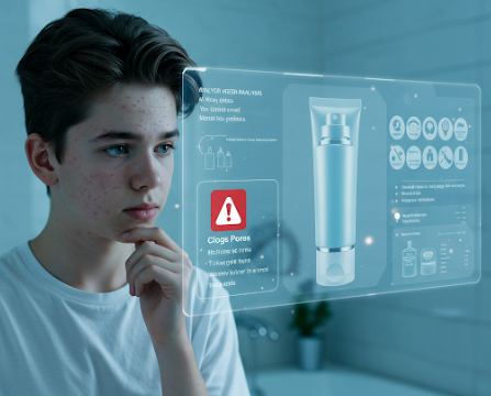 A teenage boy with acne-prone skin looks concerned as an AI hologram analyzes his skincare products, displaying a red Clogs Pores alert in a modern bathroom setting