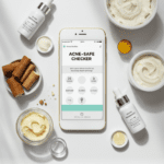 Flat lay of skincare products with a phone displaying an acne-safe checker tool on a white background