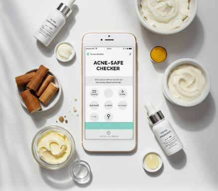 Flat lay of skincare products with a phone displaying an acne-safe checker tool on a white background